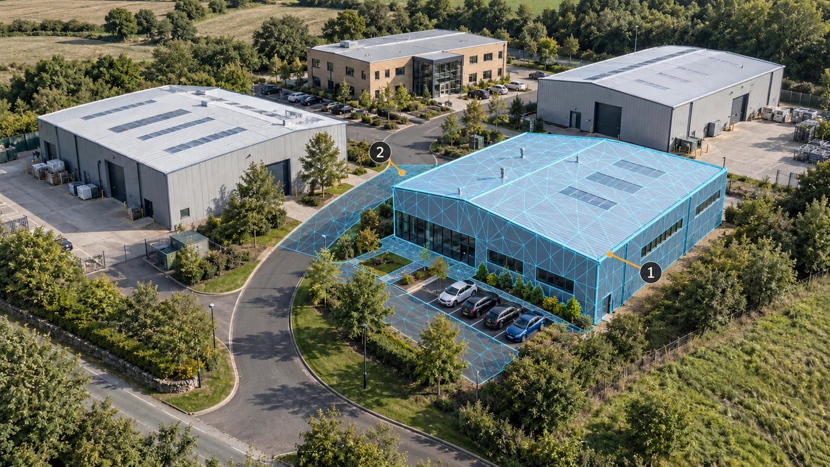 航拍园区局部叠加三角网格,标注 1 指向建筑表面,标注 2 指向道路网格。