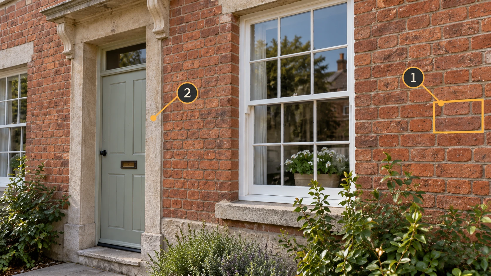 砖墙、窗台和门框近景,编号 1 框出砖缝,编号 2 指向周围可识别的门框与墙面。