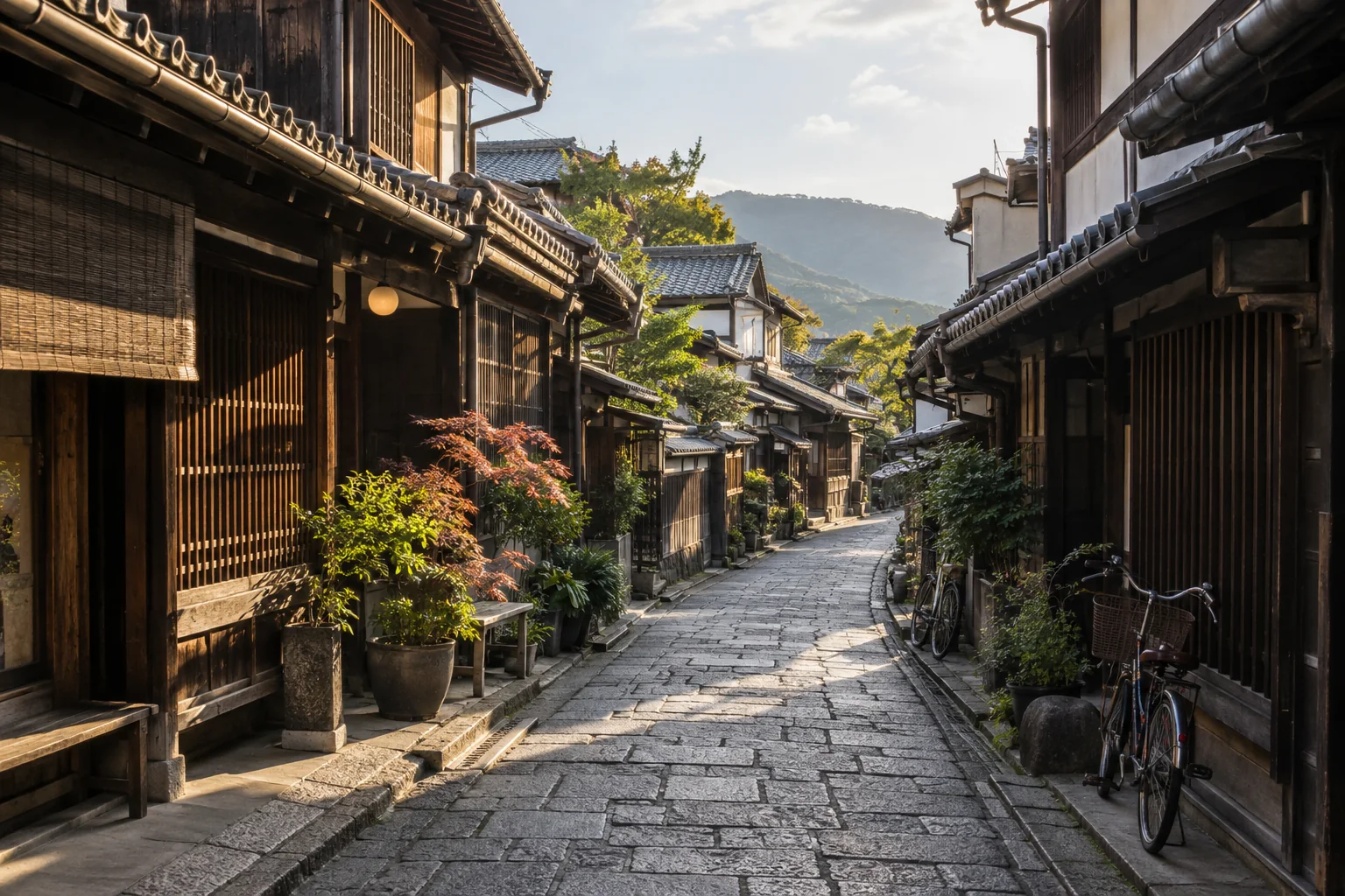 历史街区的木构建筑与石板路